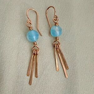 Blue Agate Dangle Earrings With Hammered Fringes